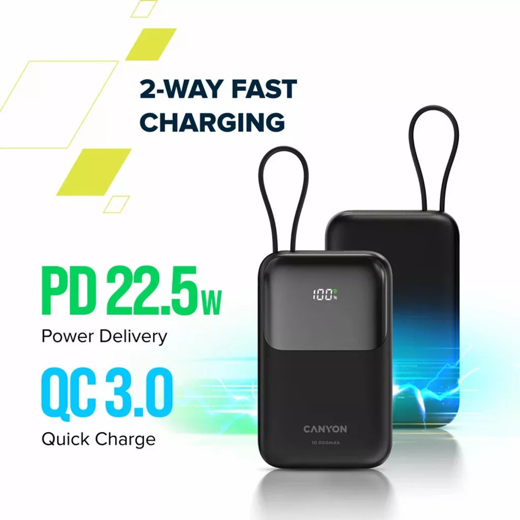 Внешний аккумулятор CANYON OnPower 101 со встроенным кабелем 10000 мАч PD22.5W Фиолетовый