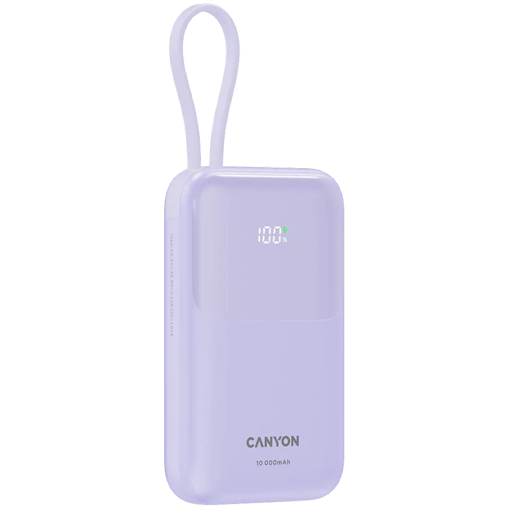 Внешний аккумулятор CANYON OnPower 101 со встроенным кабелем 10000 мАч PD22.5W Фиолетовый