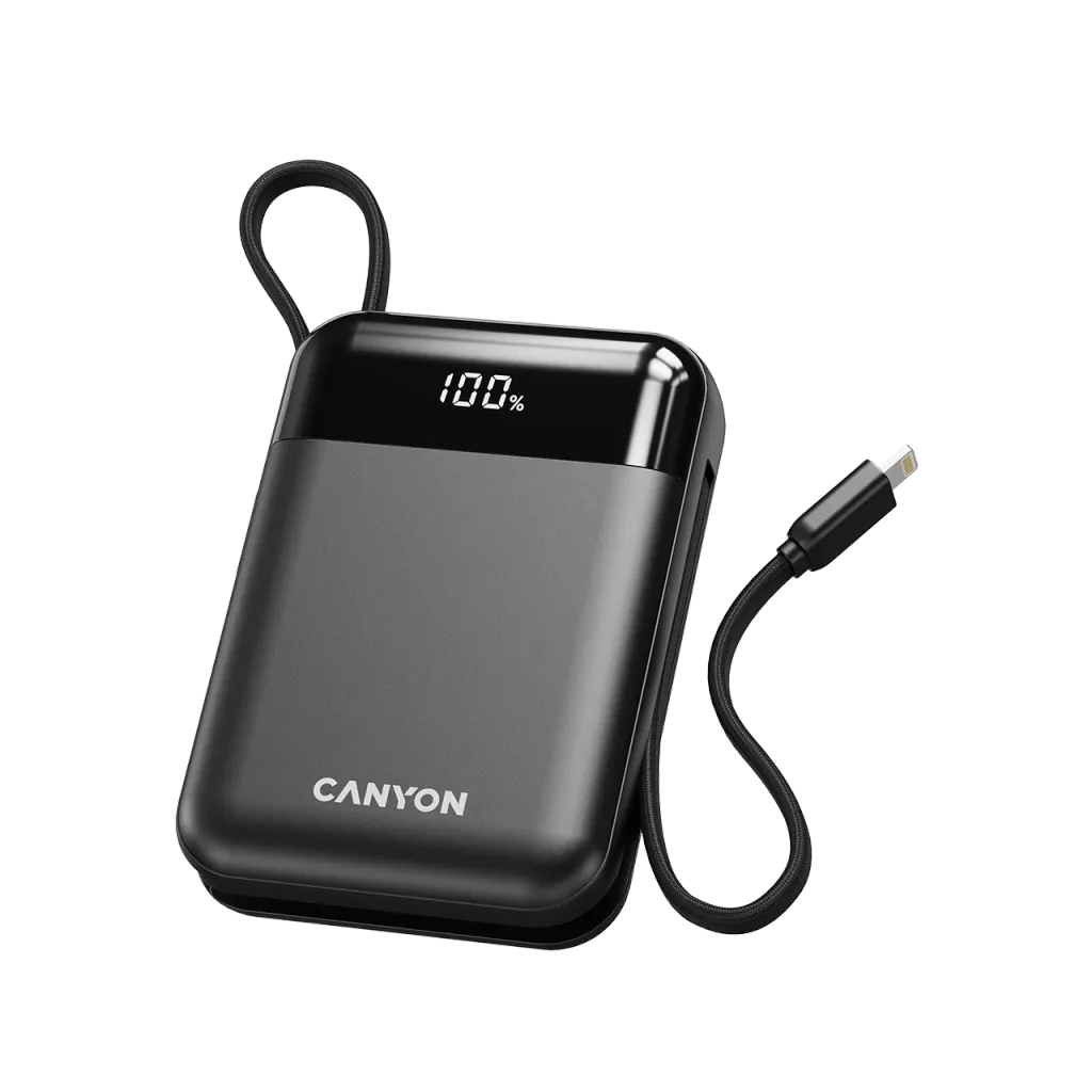 22.5W CANYON OnPower 104 10000mAh powerbanka ar USB-C un Lightning, melna