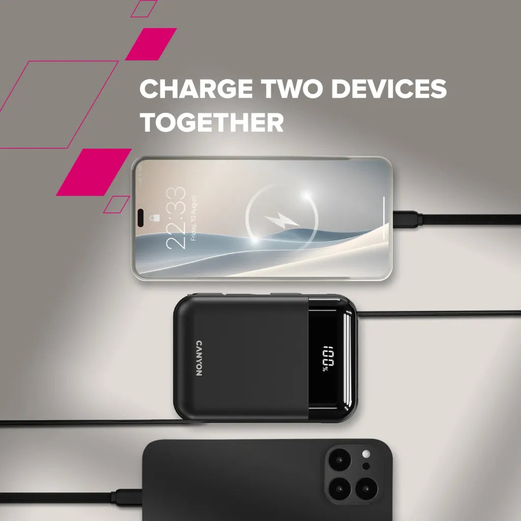 22.5W CANYON OnPower 104 10000mAh powerbanka ar USB-C un Lightning, melna