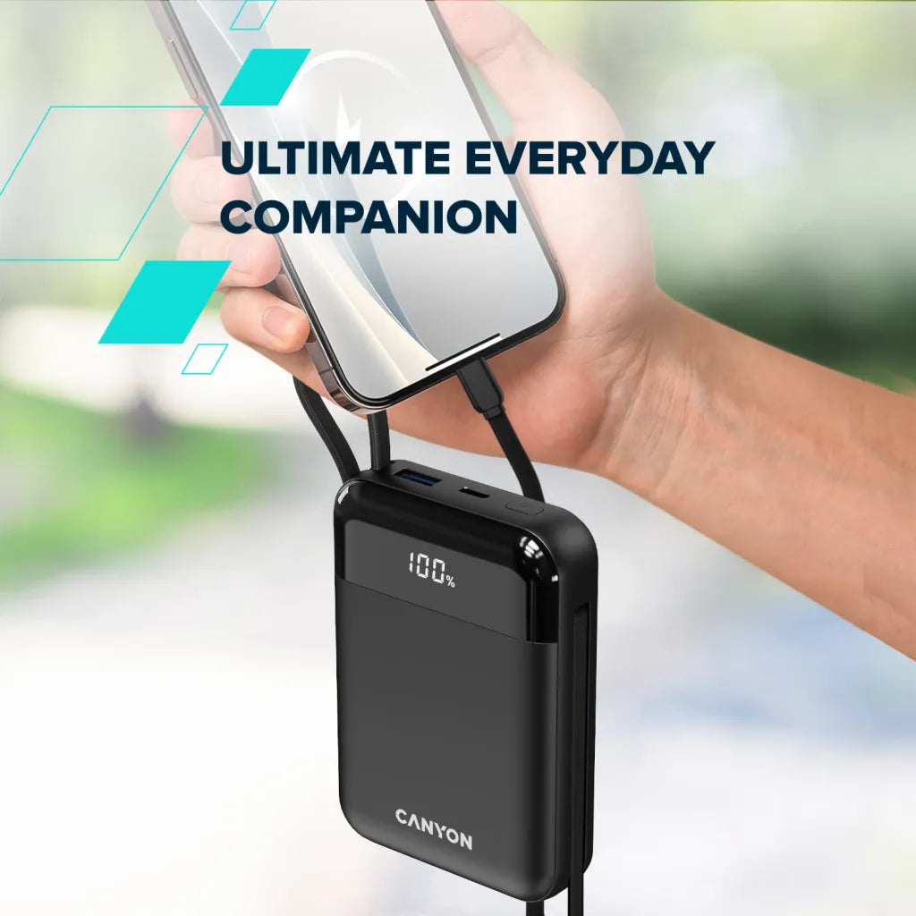 22.5W CANYON OnPower 104 10000mAh powerbanka ar USB-C un Lightning, melna