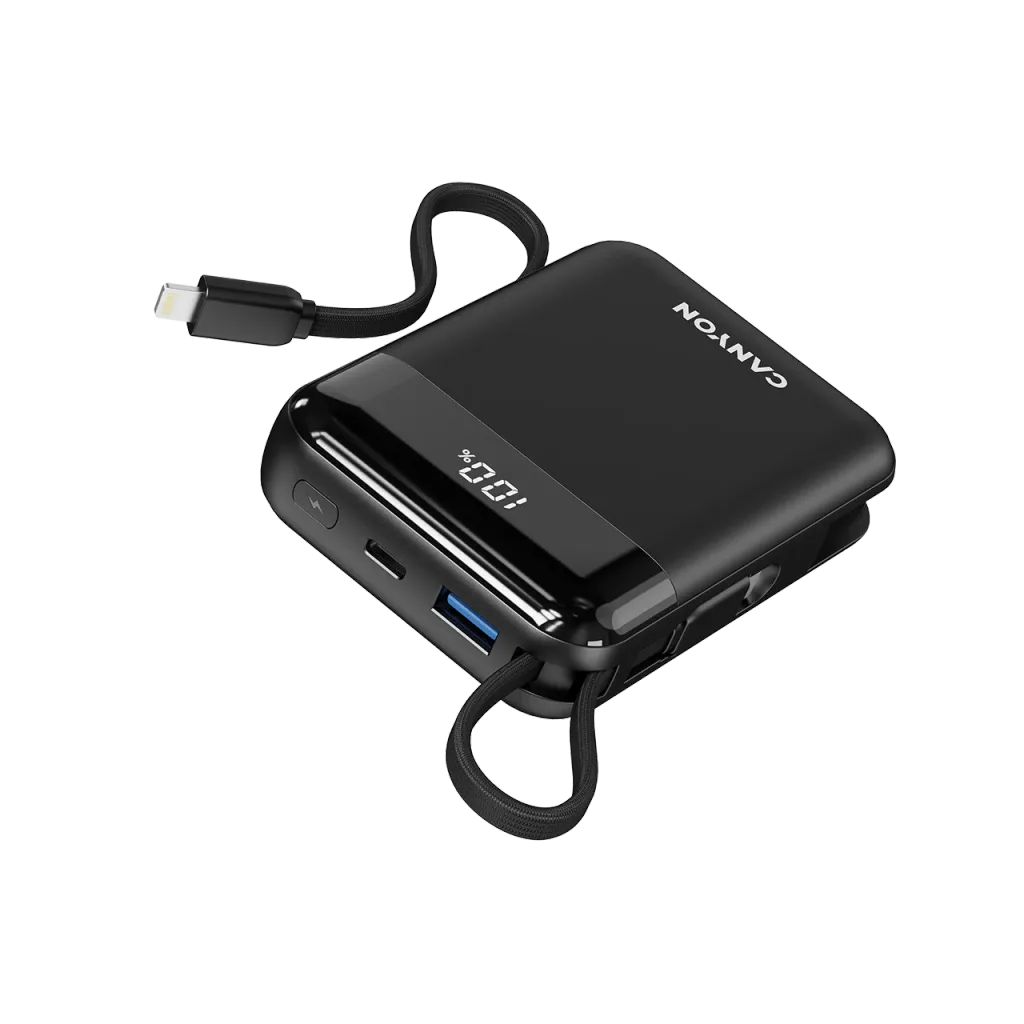 22.5W CANYON OnPower 104 10000mAh powerbanka ar USB-C un Lightning, melna