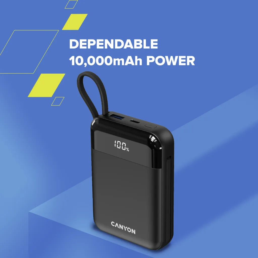 22.5W CANYON OnPower 104 10000mAh powerbanka ar USB-C un Lightning, melna