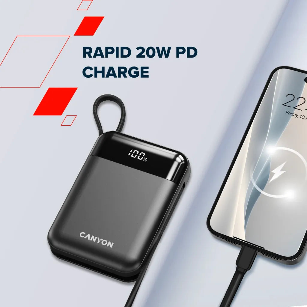 22.5W CANYON OnPower 104 10000mAh powerbanka ar USB-C un Lightning, melna
