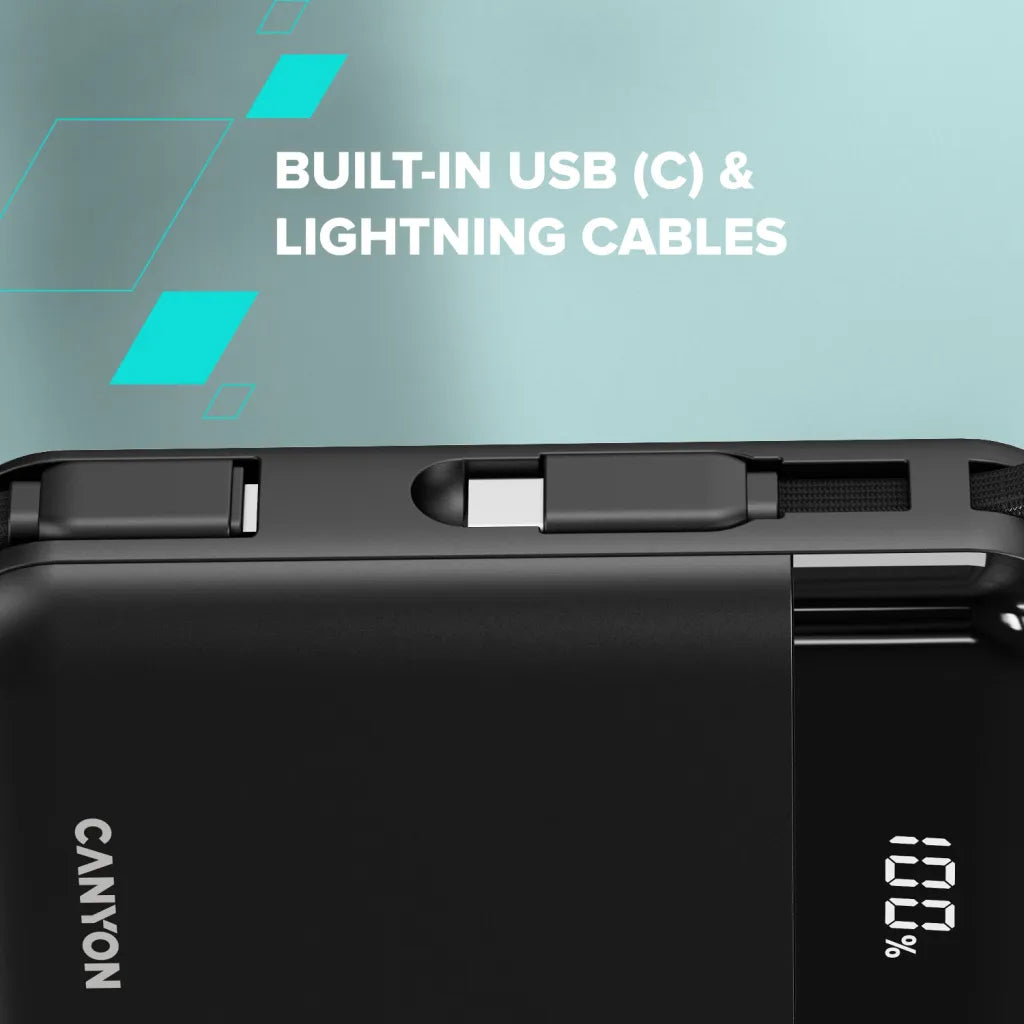 22.5W CANYON OnPower 104 10000mAh powerbanka ar USB-C un Lightning, melna