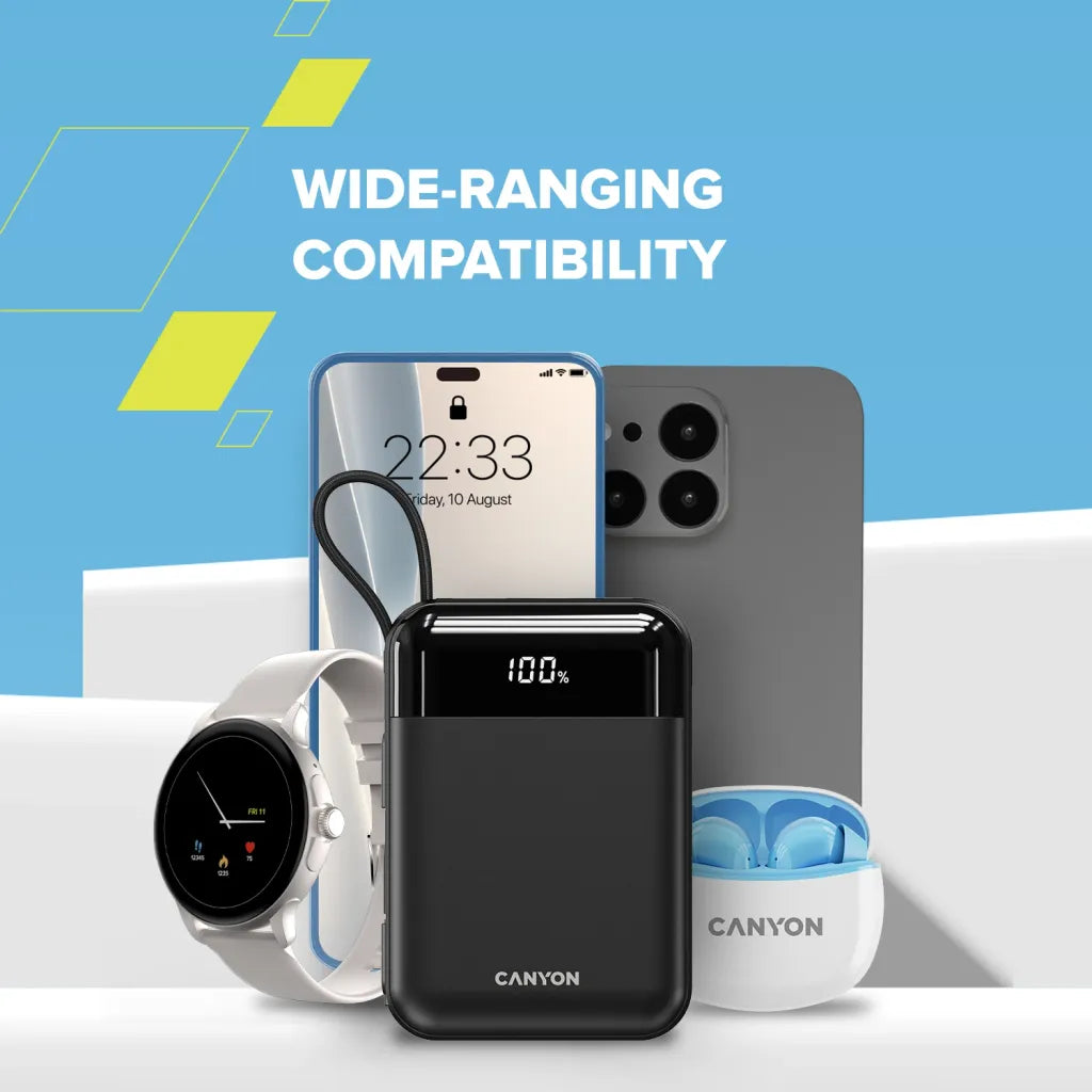 22.5W CANYON OnPower 104 10000mAh powerbanka ar USB-C un Lightning, melna