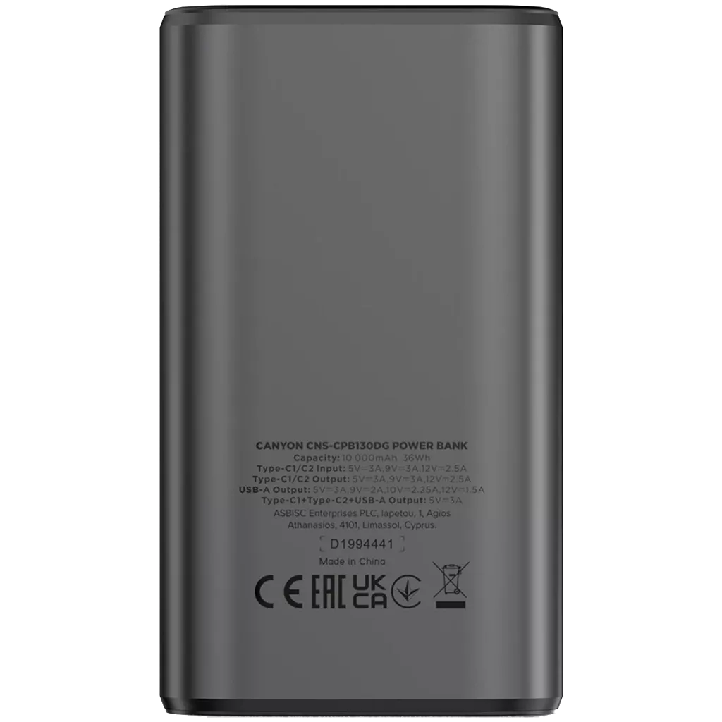 CANYON Внешний аккумулятор OnPower 130 TFT 10 000 мАч PD30W темно-серый