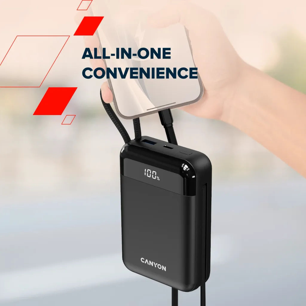 22.5W CANYON OnPower 204 20000mAh powerbanka ar USB-C un Lightning, melna