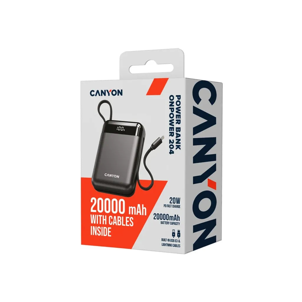 22.5W CANYON OnPower 204 20000mAh powerbanka ar USB-C un Lightning, melna