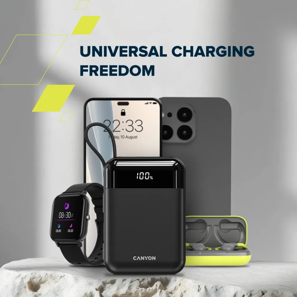 22.5W CANYON OnPower 204 20000mAh powerbanka ar USB-C un Lightning, melna