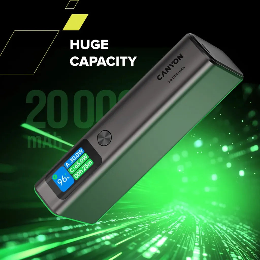 130W CANYON OnPower 230 20000mAh powerbanka ar TFT displeju, tumši pelēka