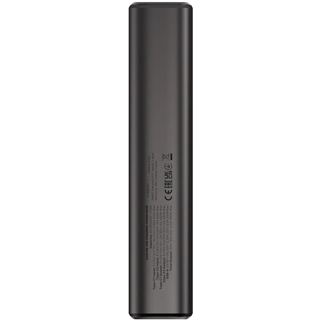 130W CANYON OnPower 230 20000mAh powerbanka ar TFT displeju, tumši pelēka