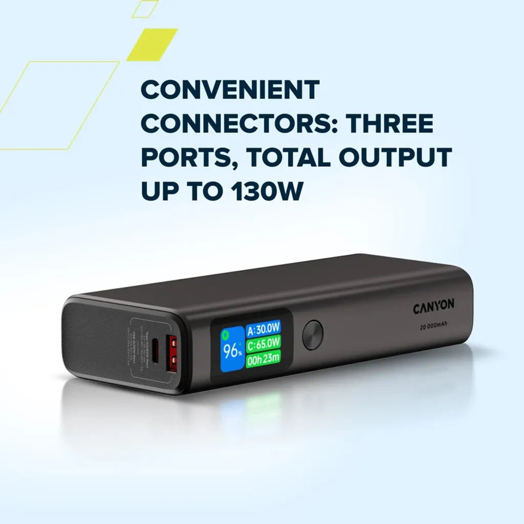 130W CANYON OnPower 230 20000mAh powerbanka ar TFT displeju, tumši pelēka