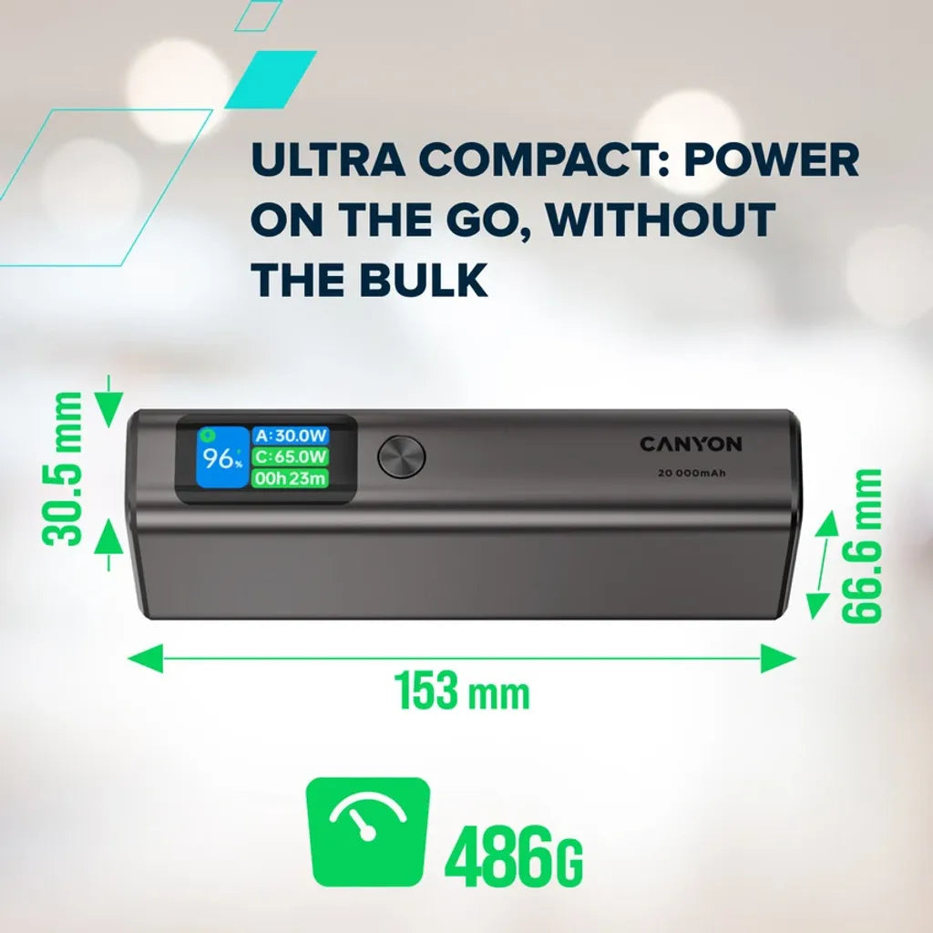 130W CANYON OnPower 230 20000mAh powerbanka ar TFT displeju, tumši pelēka