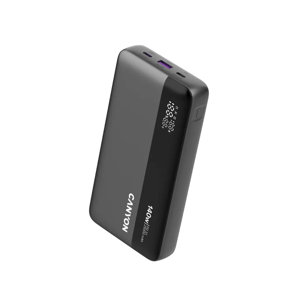 CANYON ārējais akumulators OnPower 240 ultra-ātrā uzlāde PD3.1 25 000 mAh 140W ar digitālo displeju, Tumši pelēks