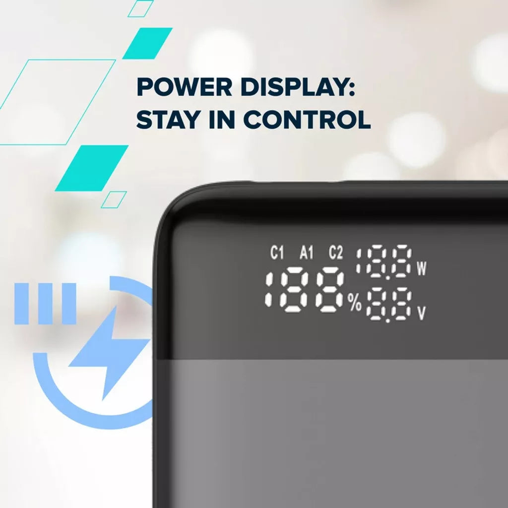 CANYON ārējais akumulators OnPower 240 ultra-ātrā uzlāde PD3.1 25 000 mAh 140W ar digitālo displeju, Tumši pelēks