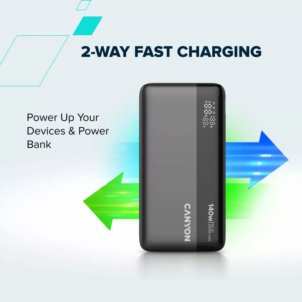 CANYON ārējais akumulators OnPower 240 ultra-ātrā uzlāde PD3.1 25 000 mAh 140W ar digitālo displeju, Tumši pelēks