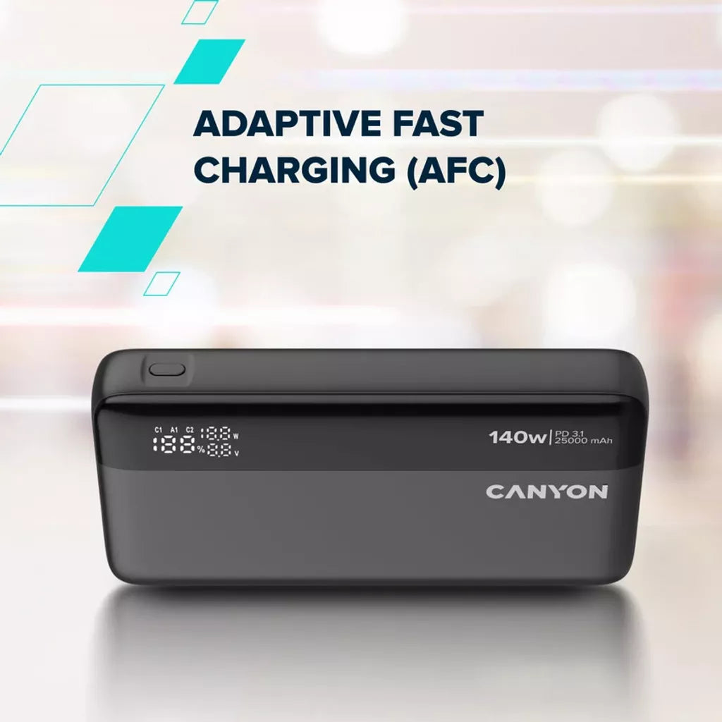 CANYON ārējais akumulators OnPower 240 ultra-ātrā uzlāde PD3.1 25 000 mAh 140W ar digitālo displeju, Tumši pelēks