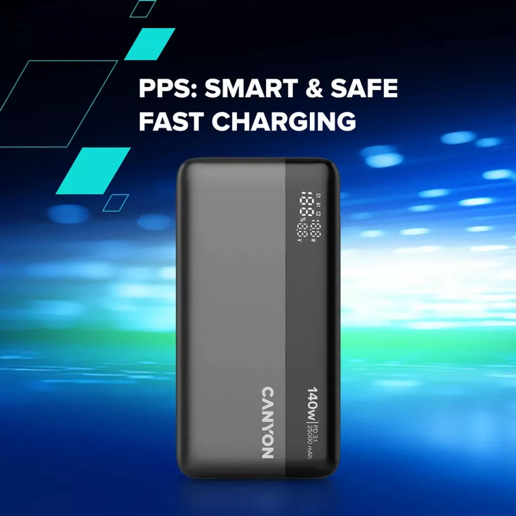 CANYON ārējais akumulators OnPower 240 ultra-ātrā uzlāde PD3.1 25 000 mAh 140W ar digitālo displeju, Tumši pelēks