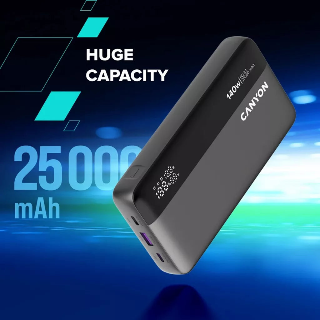 CANYON ārējais akumulators OnPower 240 ultra-ātrā uzlāde PD3.1 25 000 mAh 140W ar digitālo displeju, Tumši pelēks