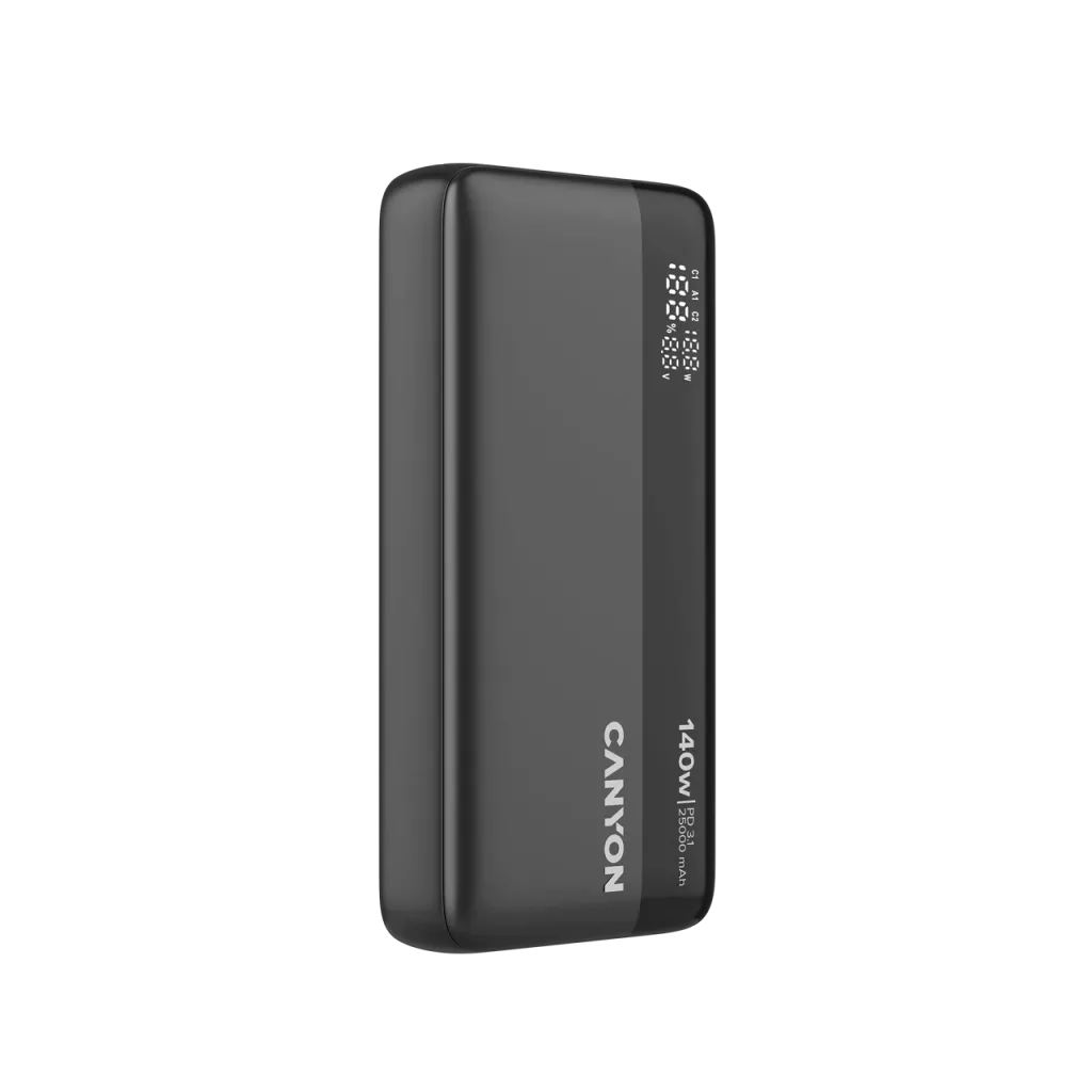 CANYON ārējais akumulators OnPower 240 ultra-ātrā uzlāde PD3.1 25 000 mAh 140W ar digitālo displeju, Tumši pelēks
