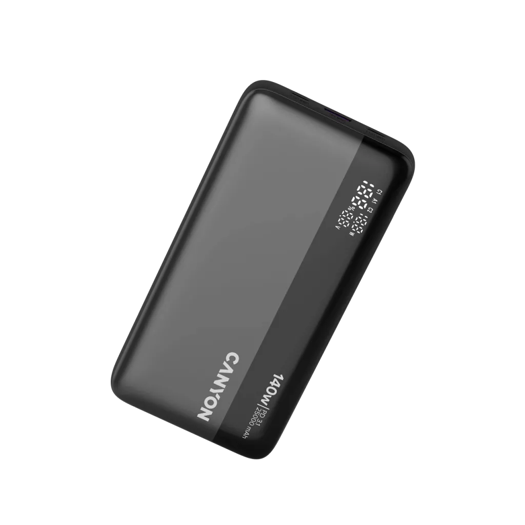 CANYON ārējais akumulators OnPower 240 ultra-ātrā uzlāde PD3.1 25 000 mAh 140W ar digitālo displeju, Tumši pelēks