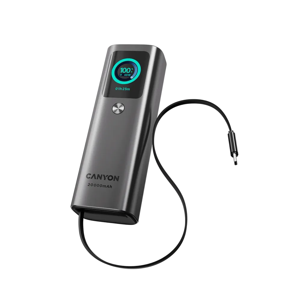 165W CANYON OnPower 265 20000mAh powerbanka ar USB-C kabeli, tumši pelēka