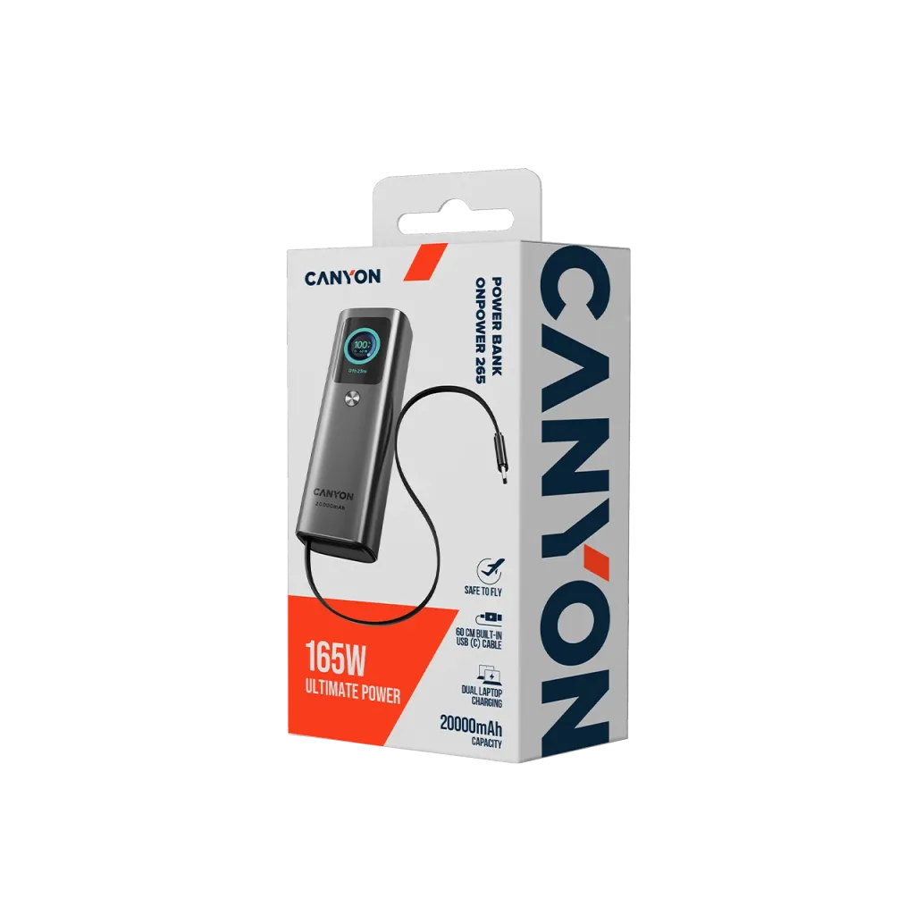 165W CANYON OnPower 265 20000mAh powerbanka ar USB-C kabeli, tumši pelēka