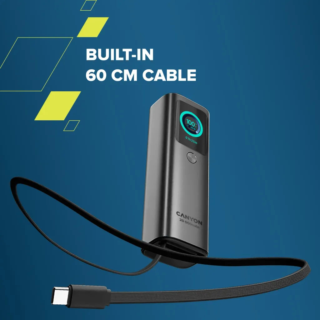 165W CANYON OnPower 265 20000mAh powerbanka ar USB-C kabeli, tumši pelēka