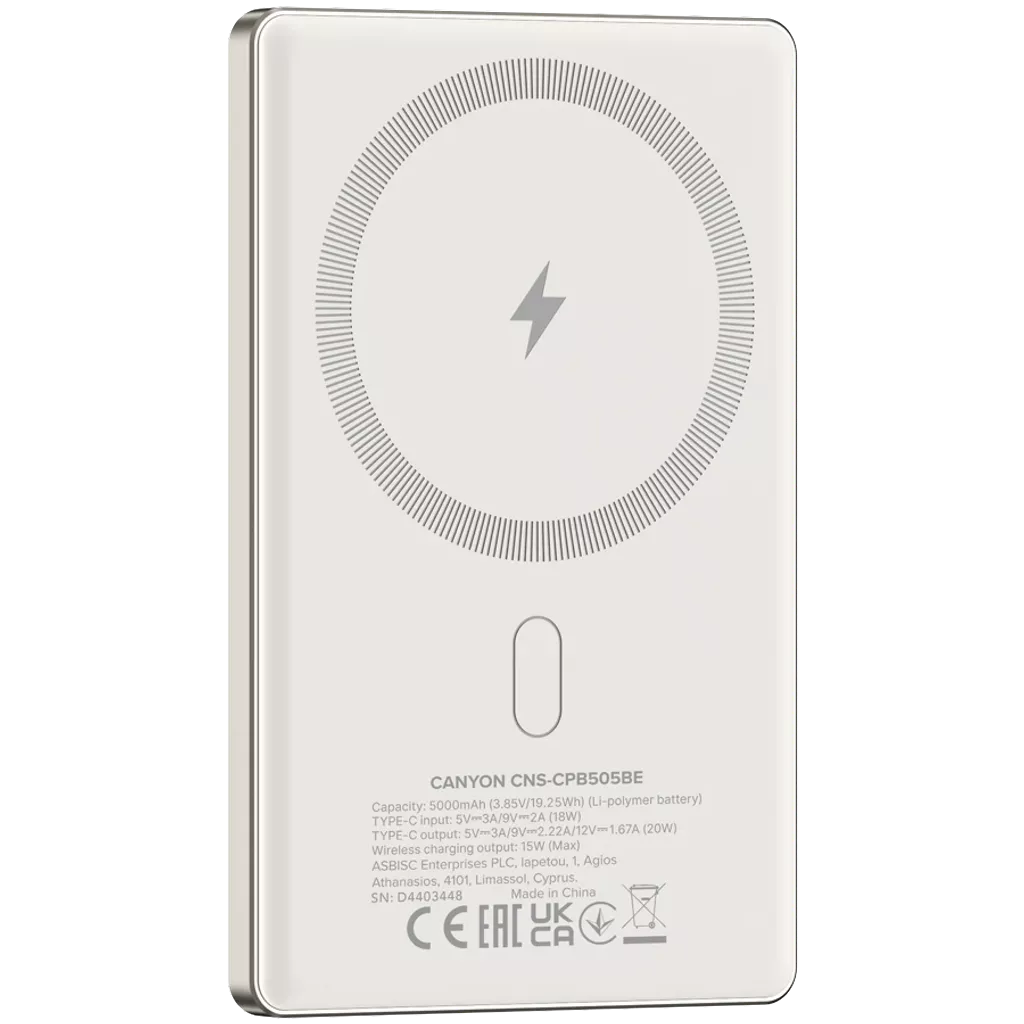 CANYON OnPower 505 Slim MagSafe 5000 mAh PD20W Beige External Battery