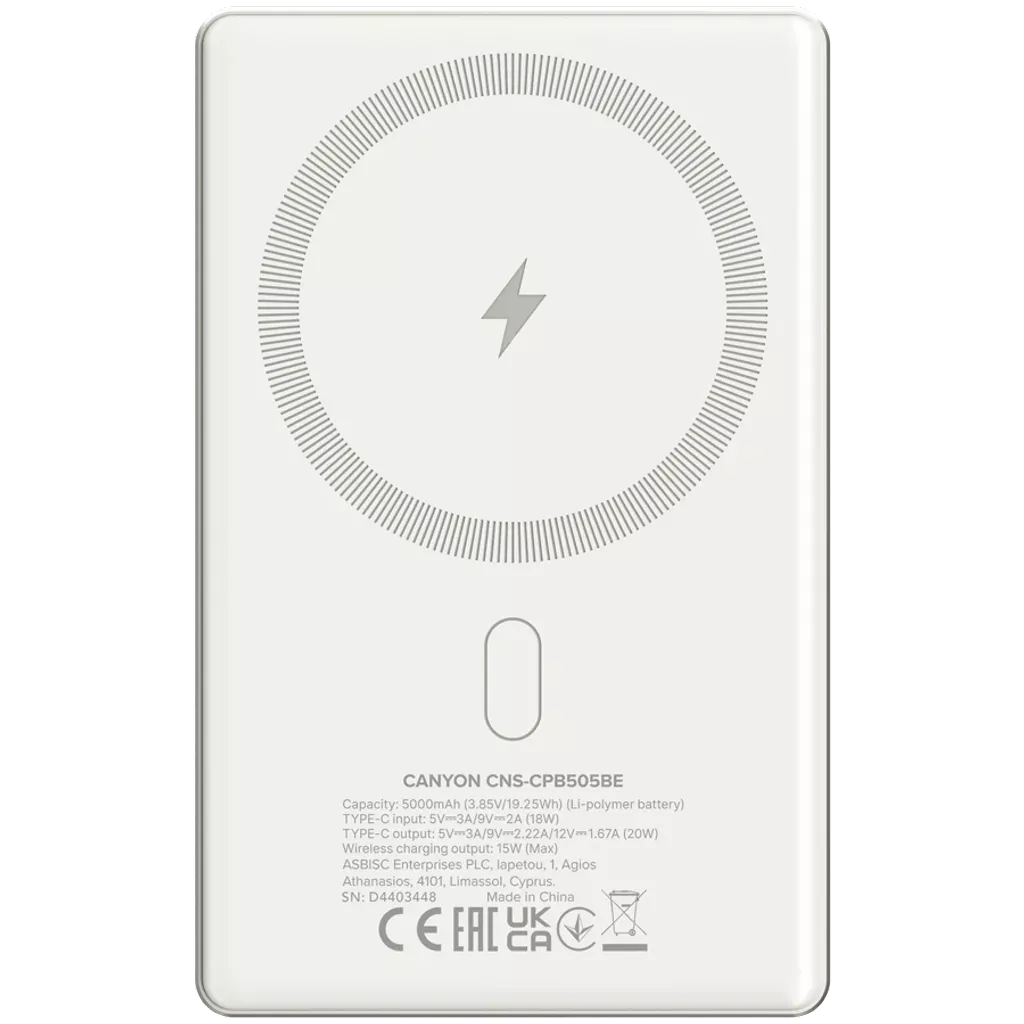 CANYON OnPower 505 Slim MagSafe 5000 mAh PD20W Beige External Battery
