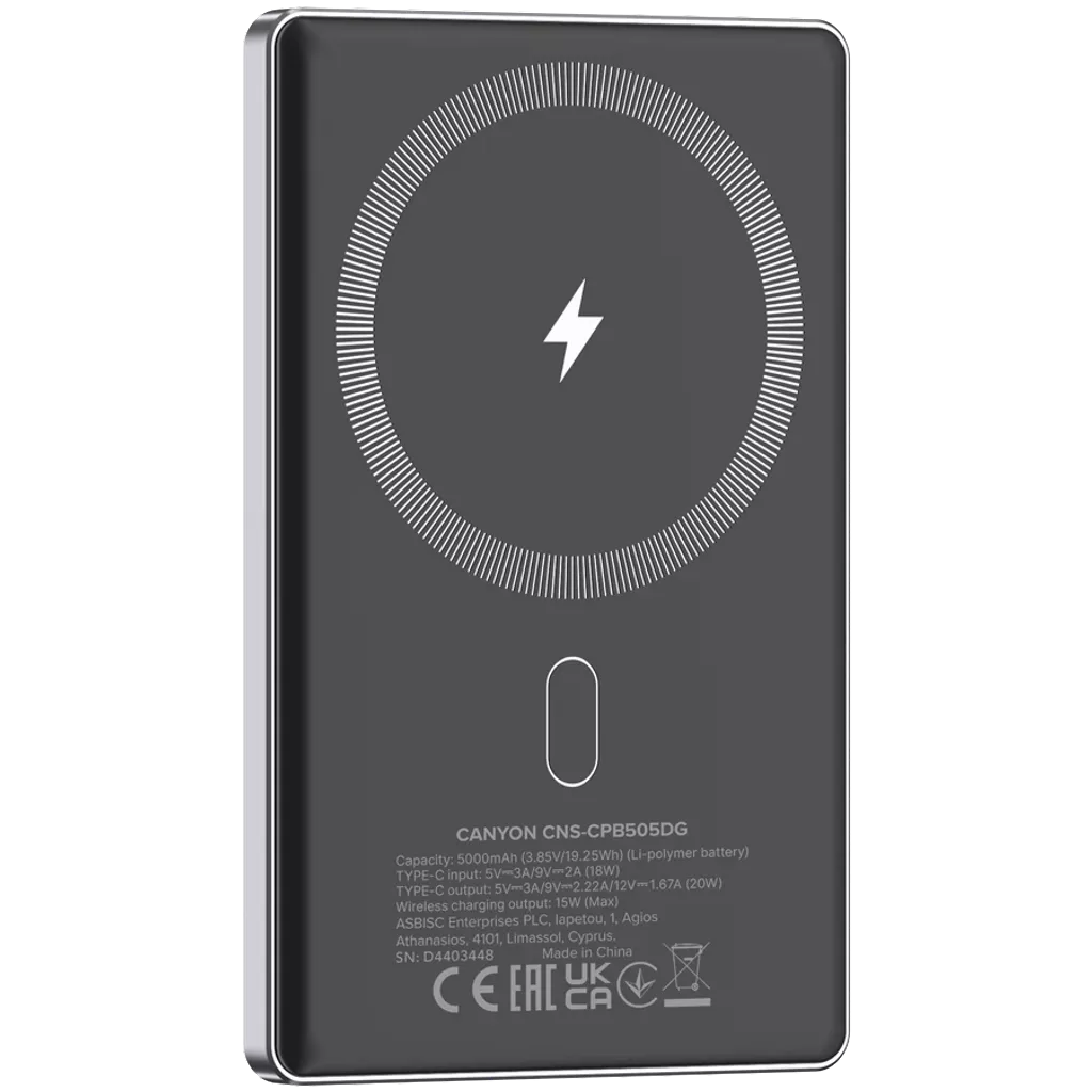 CANYON OnPower 505 Slim MagSafe 5000 mAh PD20W External Battery, Dark Gray