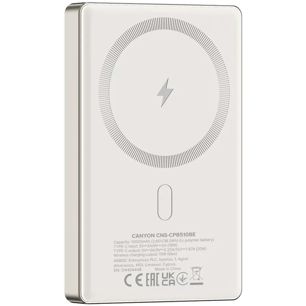 CANYON ārējā baterija OnPower 510 Slim MagSafe 10000 mAh PD20W Bēša