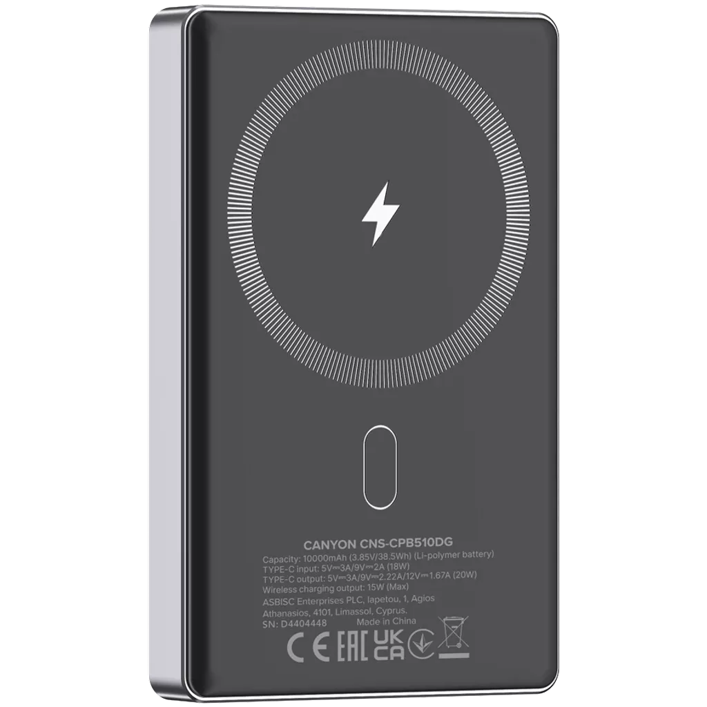 CANYON ārējā baterija OnPower 510 Slim MagSafe 10000 mAh PD20W Tumši pelēka