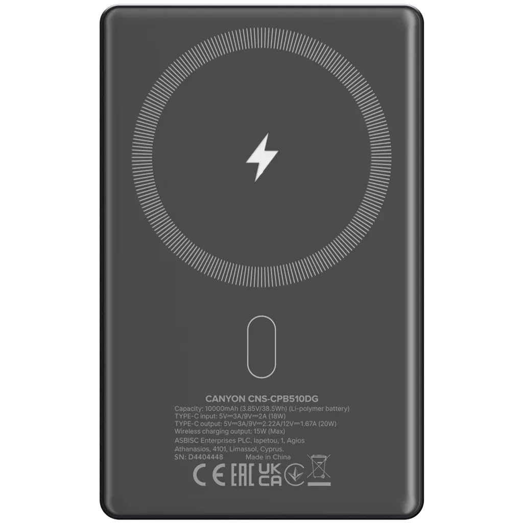 CANYON ārējā baterija OnPower 510 Slim MagSafe 10000 mAh PD20W Tumši pelēka
