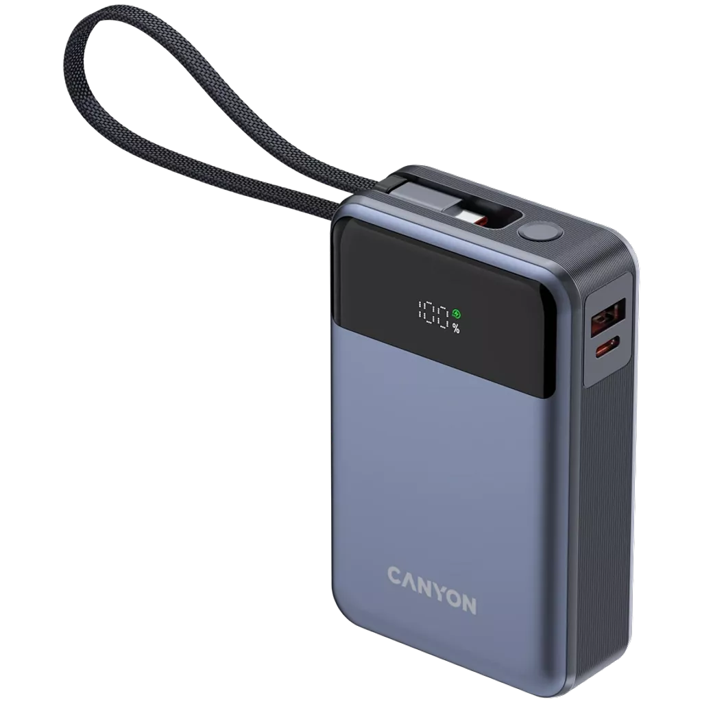 CANYON Power Bank OnPower 600 sisseehitatud kaabliga 20 000 mAh 65 W tumehall