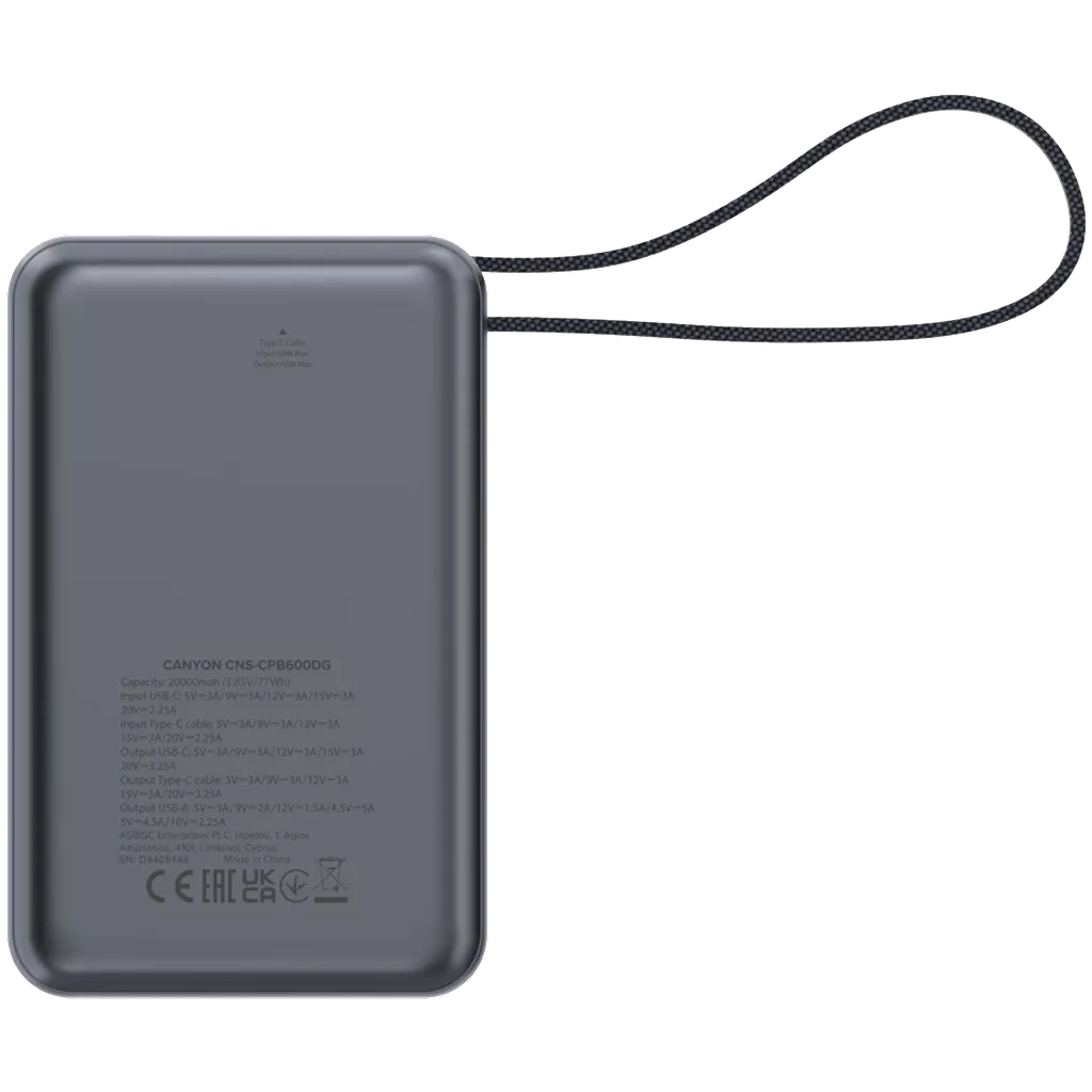 CANYON Power Bank OnPower 600 sisseehitatud kaabliga 20 000 mAh 65 W tumehall