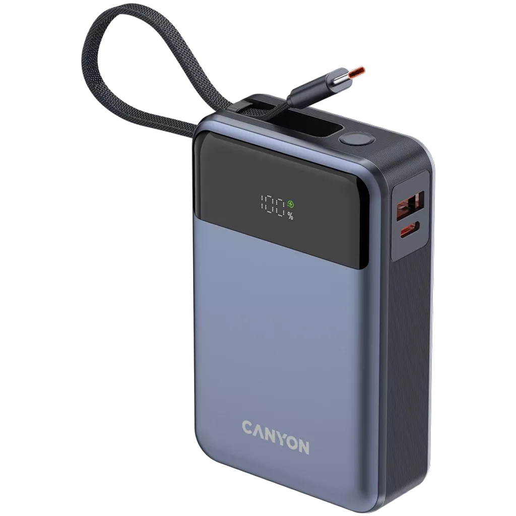 CANYON Power Bank OnPower 600 sisseehitatud kaabliga 20 000 mAh 65 W tumehall
