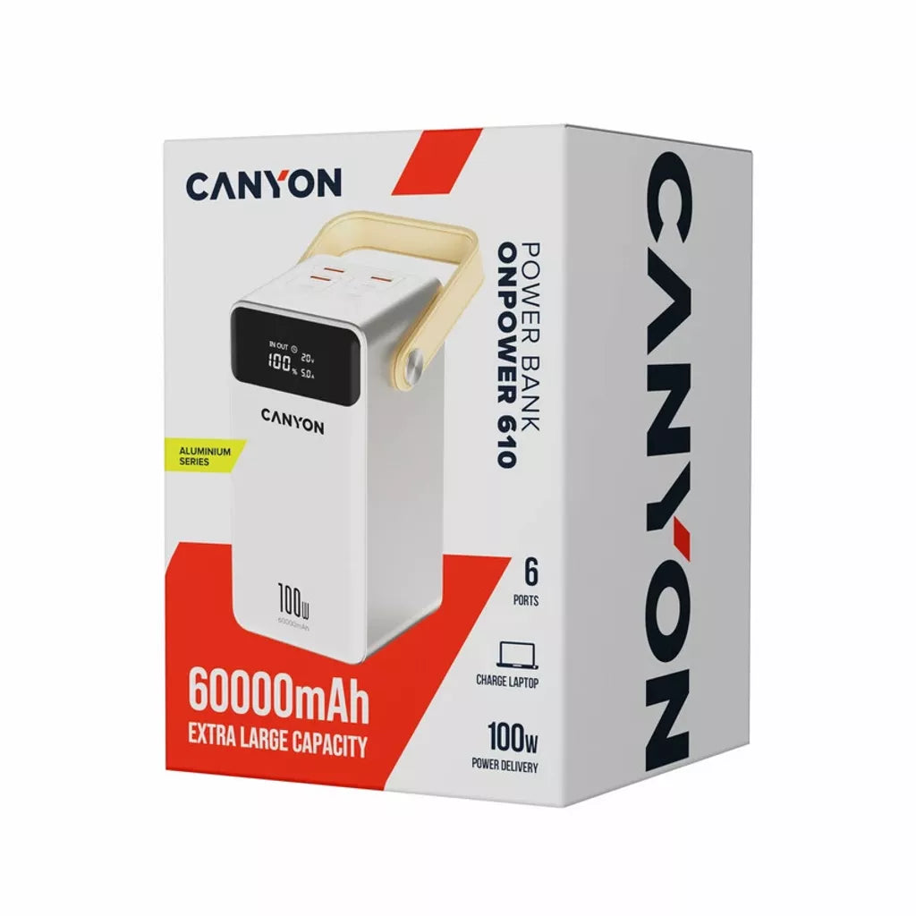 CANYON Power Bank OnPower 610 metāla 60 000 mAh 100 W balts