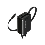 CANYON OnCharge 65RC 65W GaN lādētājs ar ievelkamu USB-C kabeli, melns