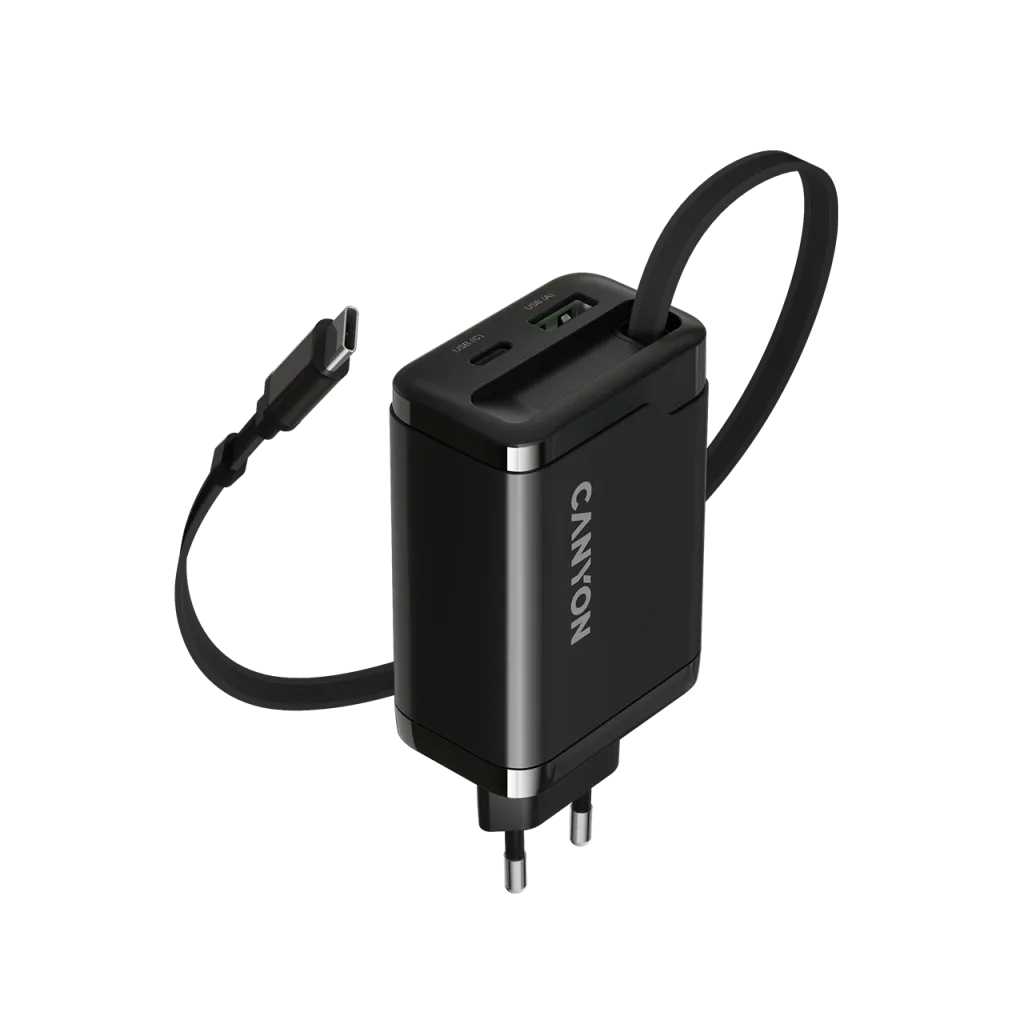 CANYON OnCharge 65RC 65W GaN lādētājs ar ievelkamu USB-C kabeli, melns