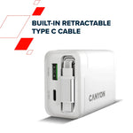 CANYON OnCharge 65RC 65W GaN lādētājs ar ievelkamu USB-C kabeli, melns