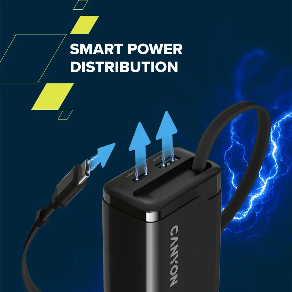 CANYON OnCharge 65RC 65W GaN lādētājs ar ievelkamu USB-C kabeli, melns