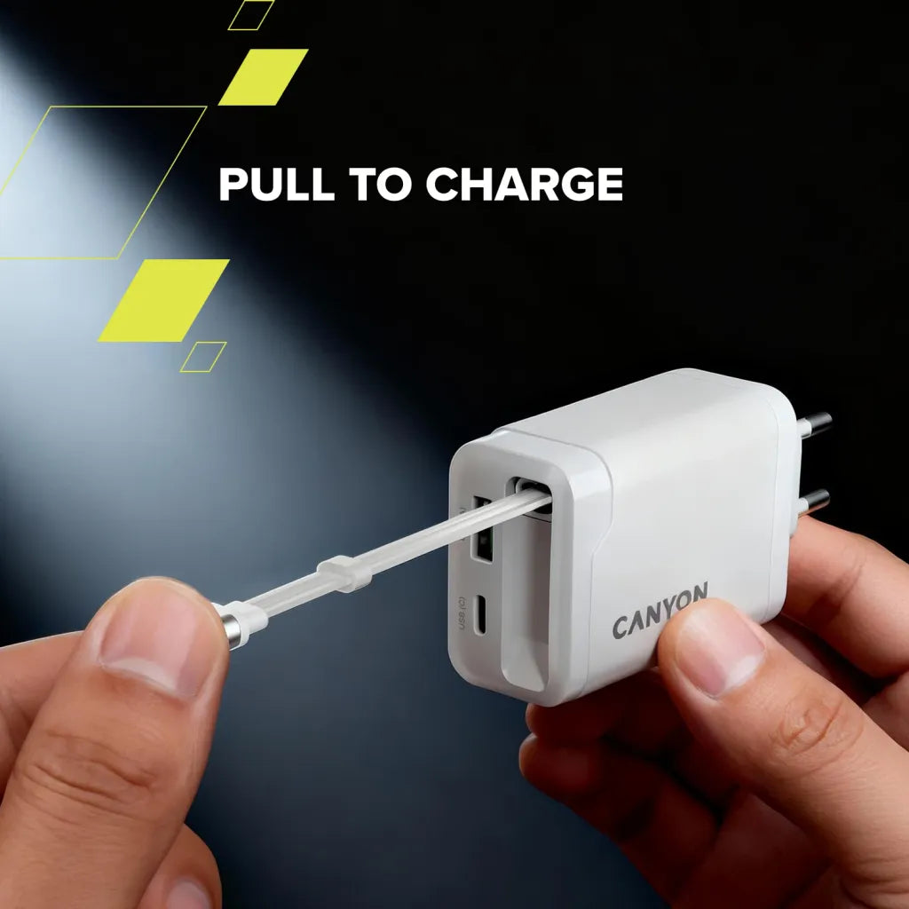 CANYON OnCharge 65RC 65W GaN lādētājs ar ievelkamu USB-C kabeli, melns
