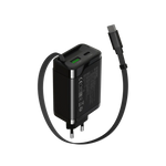 CANYON OnCharge 65RC 65W GaN lādētājs ar ievelkamu USB-C kabeli, melns