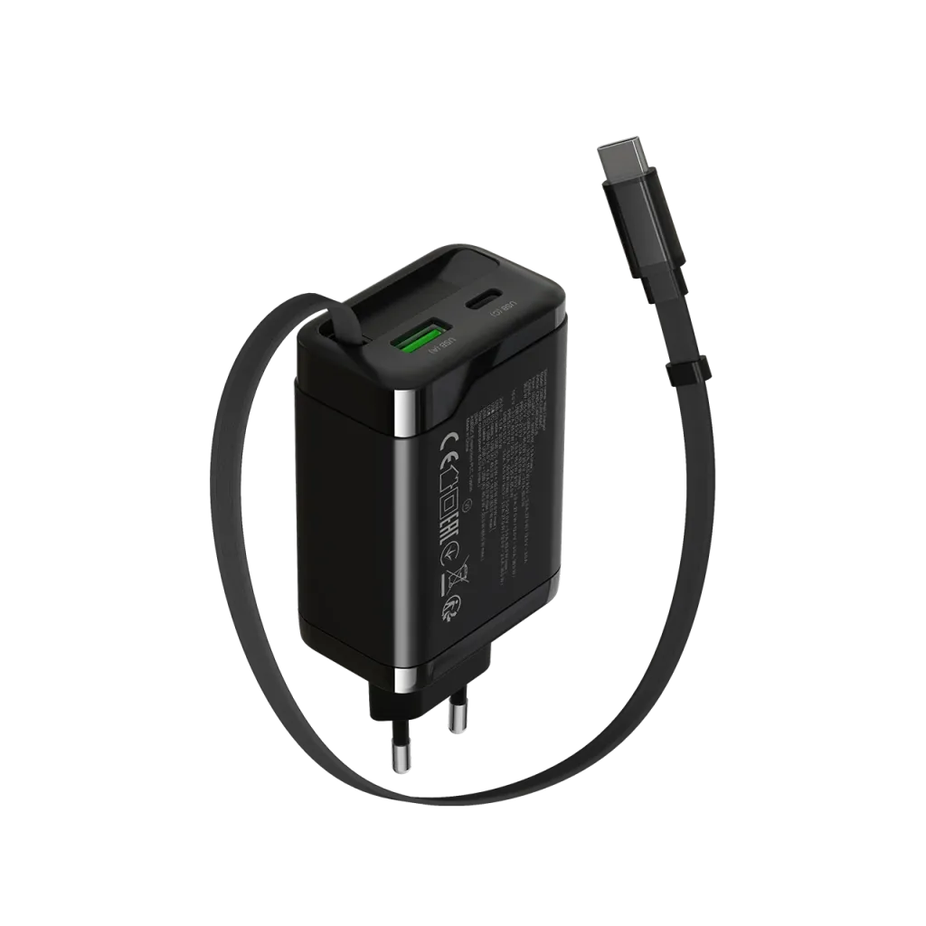 CANYON OnCharge 65RC 65W GaN lādētājs ar ievelkamu USB-C kabeli, melns