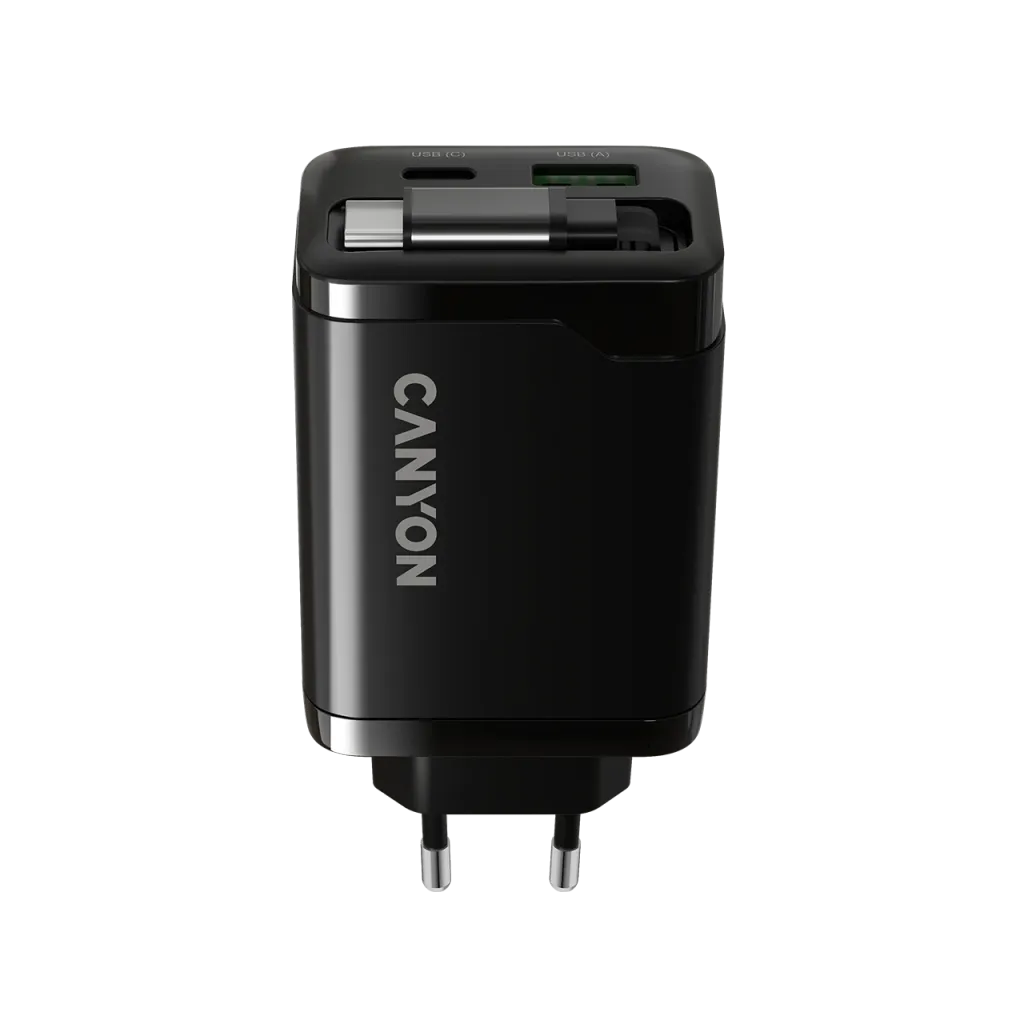 CANYON OnCharge 65RC 65W GaN lādētājs ar ievelkamu USB-C kabeli, melns