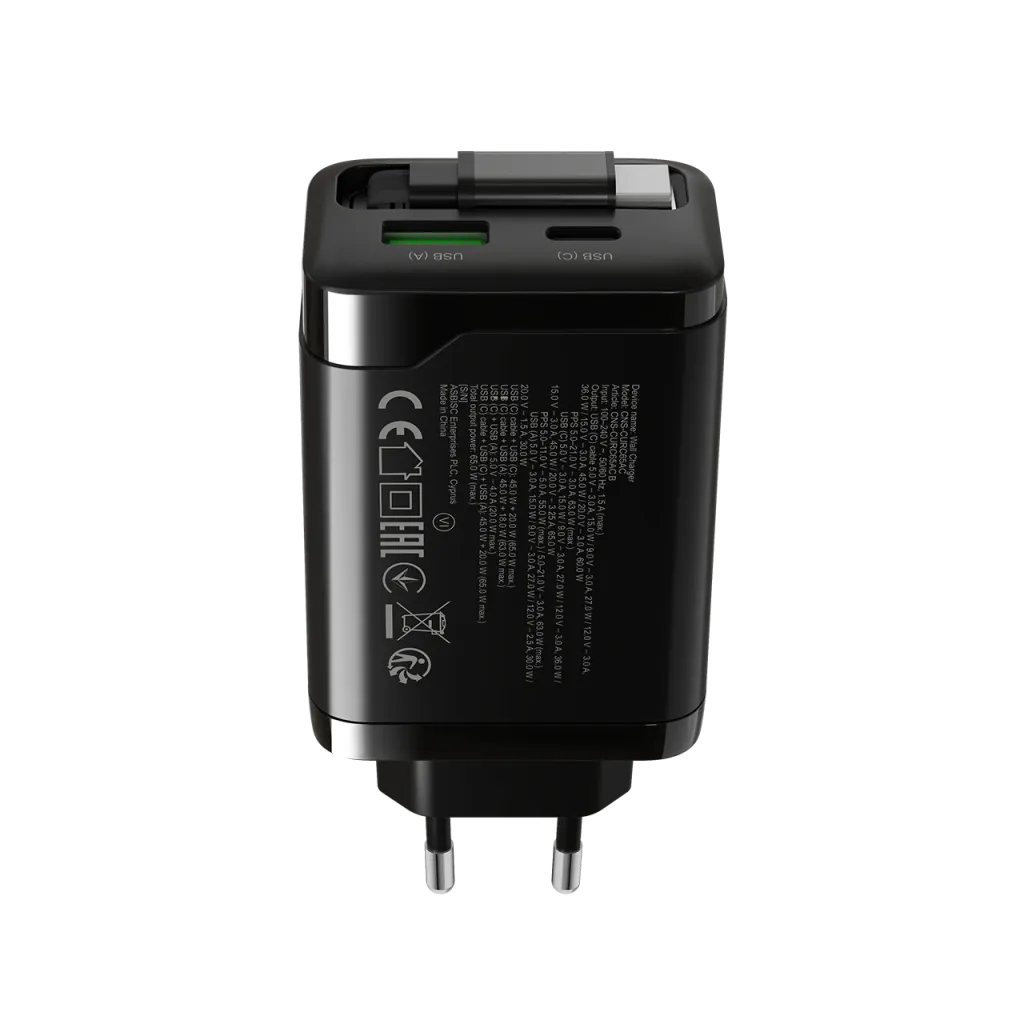CANYON OnCharge 65RC 65W GaN lādētājs ar ievelkamu USB-C kabeli, melns