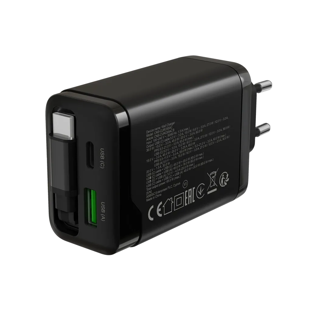 CANYON OnCharge 65RC 65W GaN lādētājs ar ievelkamu USB-C kabeli, melns