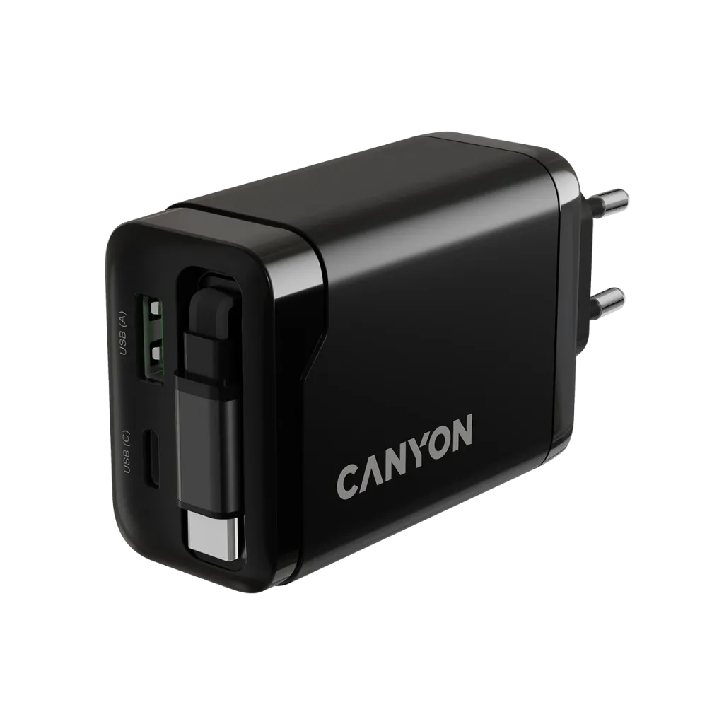 CANYON OnCharge 65RC 65W GaN lādētājs ar ievelkamu USB-C kabeli, melns